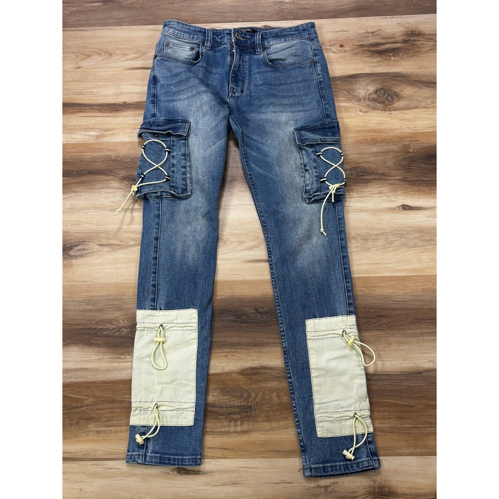 Serenade Cargo Jeans 32 Mens Utility Lace Up Slim Fit Blue Denim Patchwork
